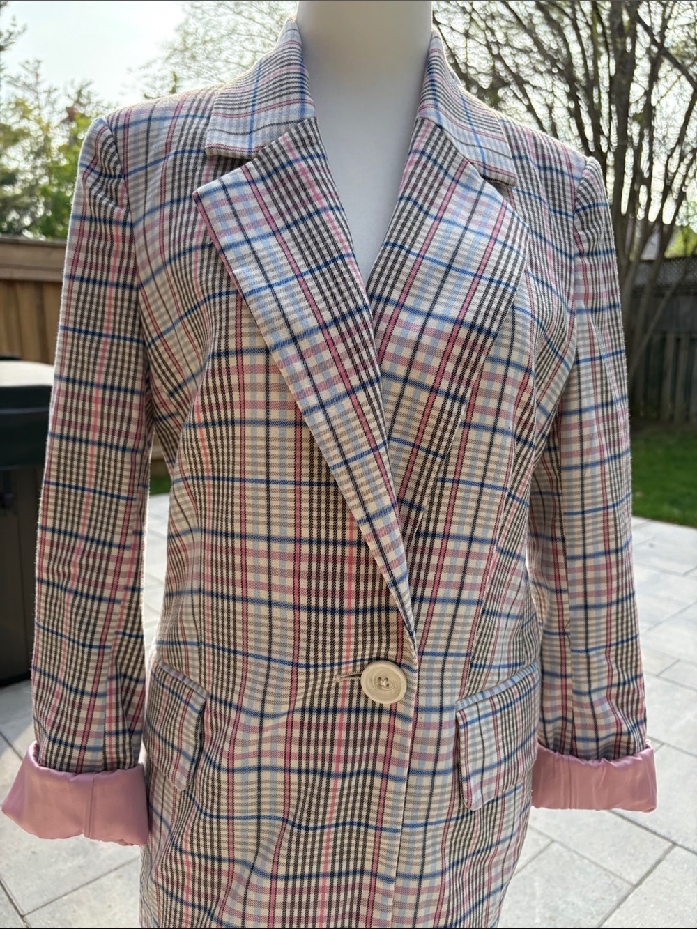 Checked Single-Button Blazer in Cream with Pink & Blue Plaid